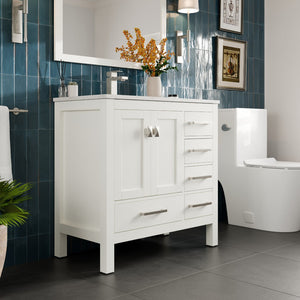 London 36 in. White Single Sink Bath Vanity with Carrara Quartz Top and Undermount Porcelain Sink