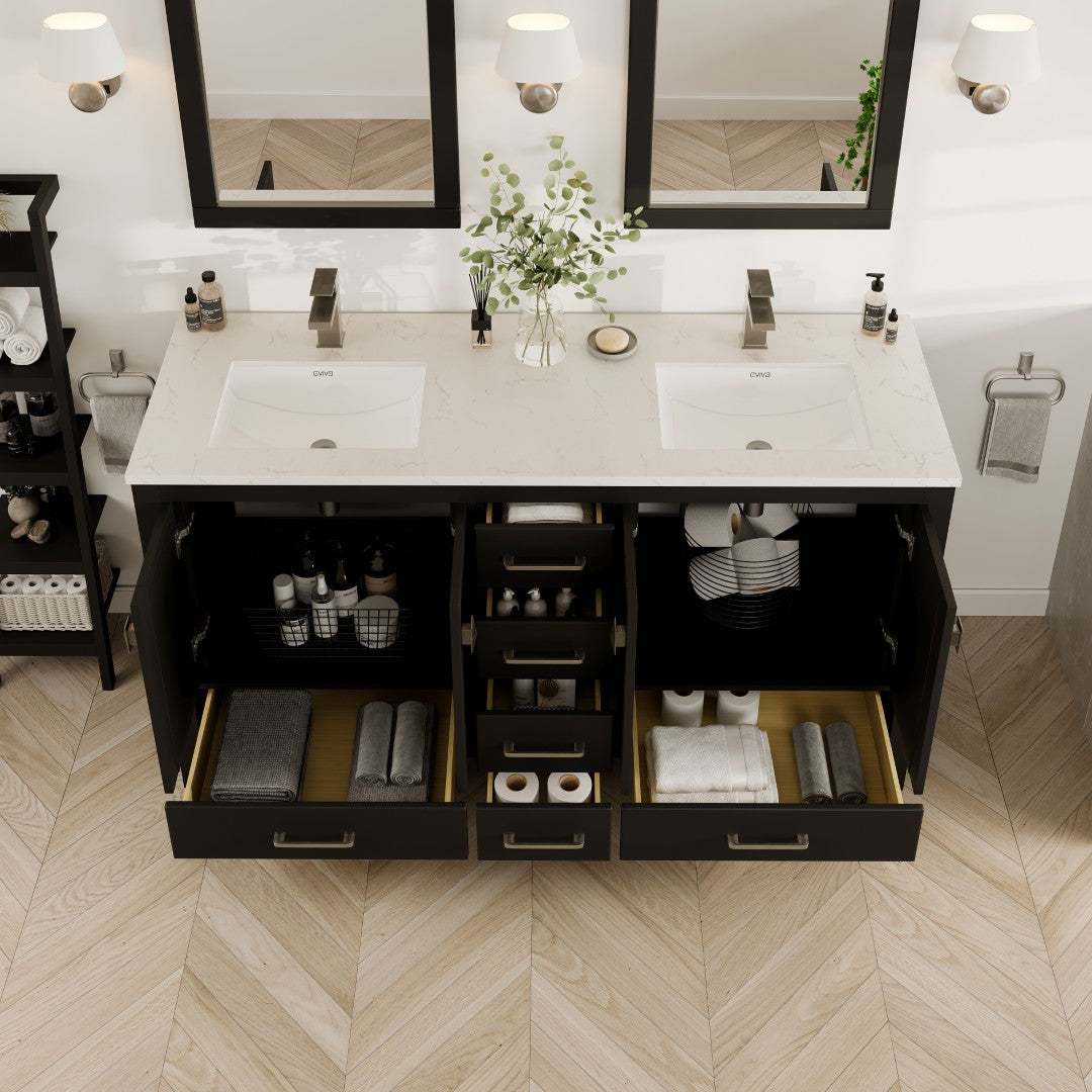 London 60 in. Espresso Double Sink  Bath Vanity with Carrara Quartz Top and Undermount Porcelain Sinks