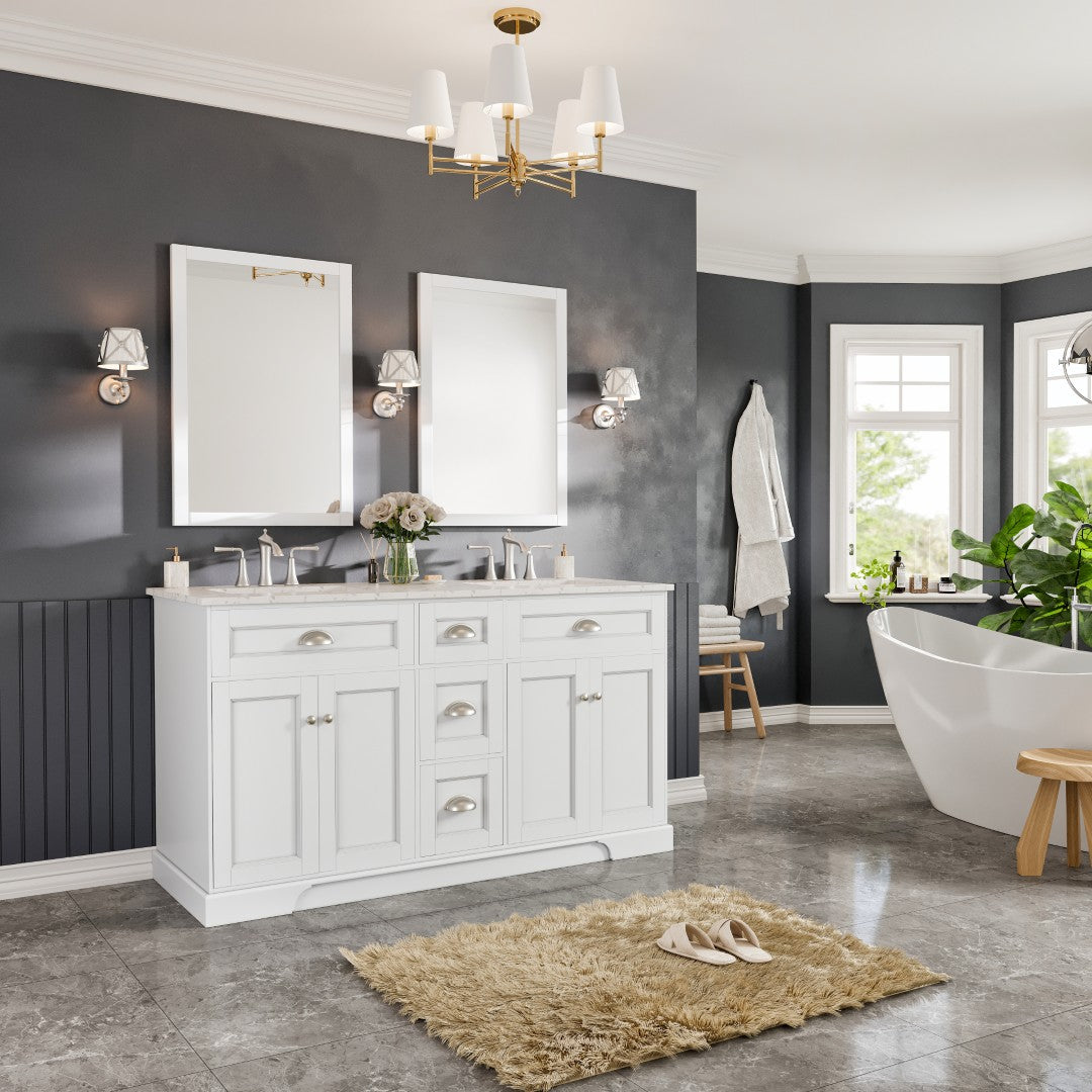 Epic 60 in. White Double Sink  Bath Vanity with Carrara Quartz Top and Undermount Porcelain Sinks