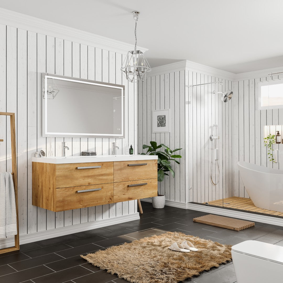 Surf 57 in. Natural Oak Wall Mount Double Sink  Bath Vanity with Acrylic Top and Integrated Sinks