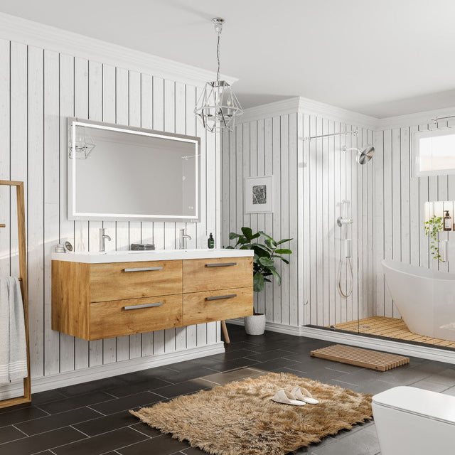 Surf 57 in. Natural Oak Wall Mount Double Sink  Bath Vanity with Acrylic Top and Integrated Sinks