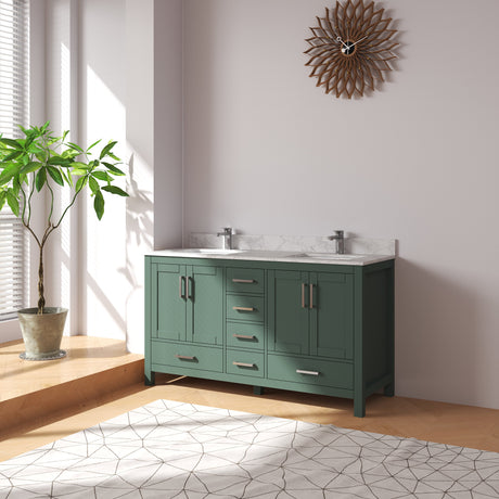 New England Home Goods Long 60" Double Sink Vanity in Green - Engineered Wood; Stone Top