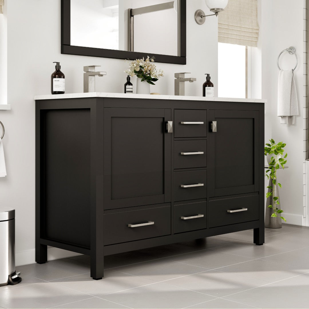 London 48 in. Espresso Double Sink  Bath Vanity with Carrara Quartz Top and Undermount Porcelain Sinks