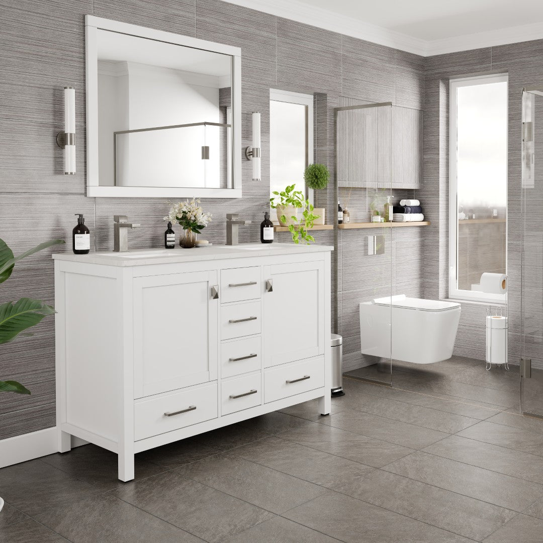 London 48 in. White Double Sink  Bath Vanity with Carrara Quartz Top and Undermount Porcelain Sinks