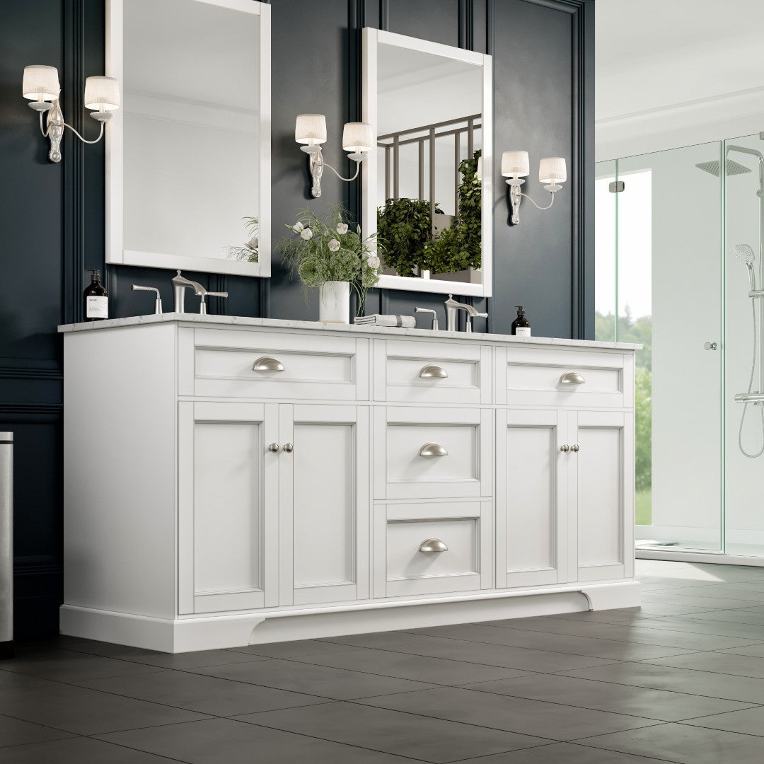 Epic 72 in. White Double Sink  Bath Vanity with Carrara Quartz Top and Undermount Porcelain Sinks