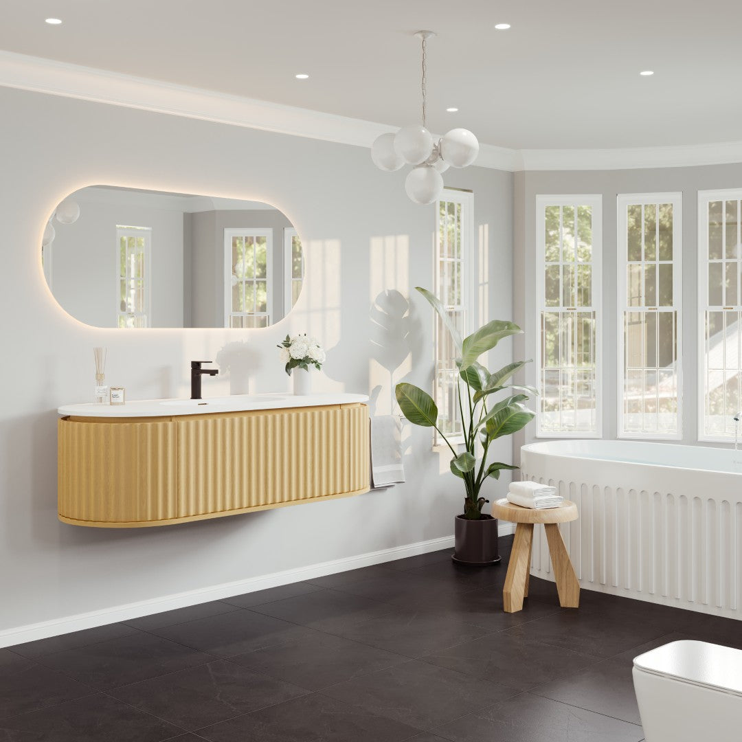 Haven 55 in. Natural Oak Wall Mount Single Sink Bath Vanity with Solid Surface Top and Integrated Sink