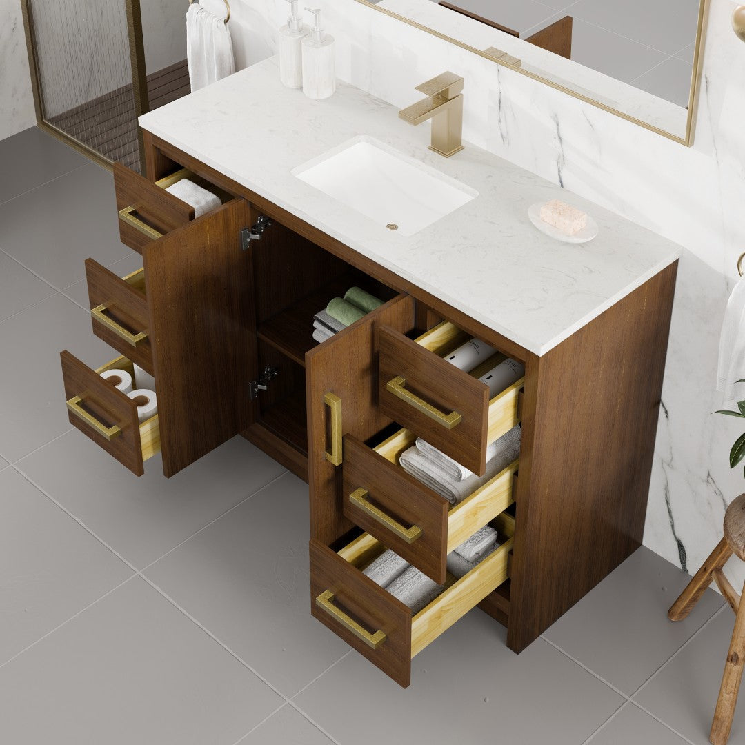 Curio 48 in. Walnut Single Sink Bath Vanity with Carrara Quartz Top and Undermount Porcelain Sink