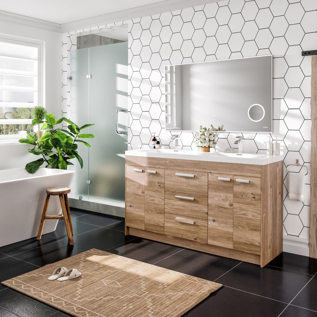 Lugano 60 in. Natural Oak Double Sink  Bath Vanity with Acrylic Top and Integrated Sinks
