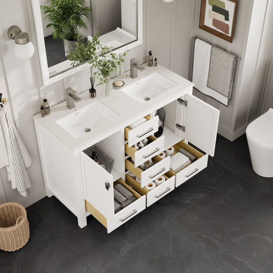 London 54 in. White Double Sink  Bath Vanity with Carrara Quartz Top and Undermount Porcelain Sinks