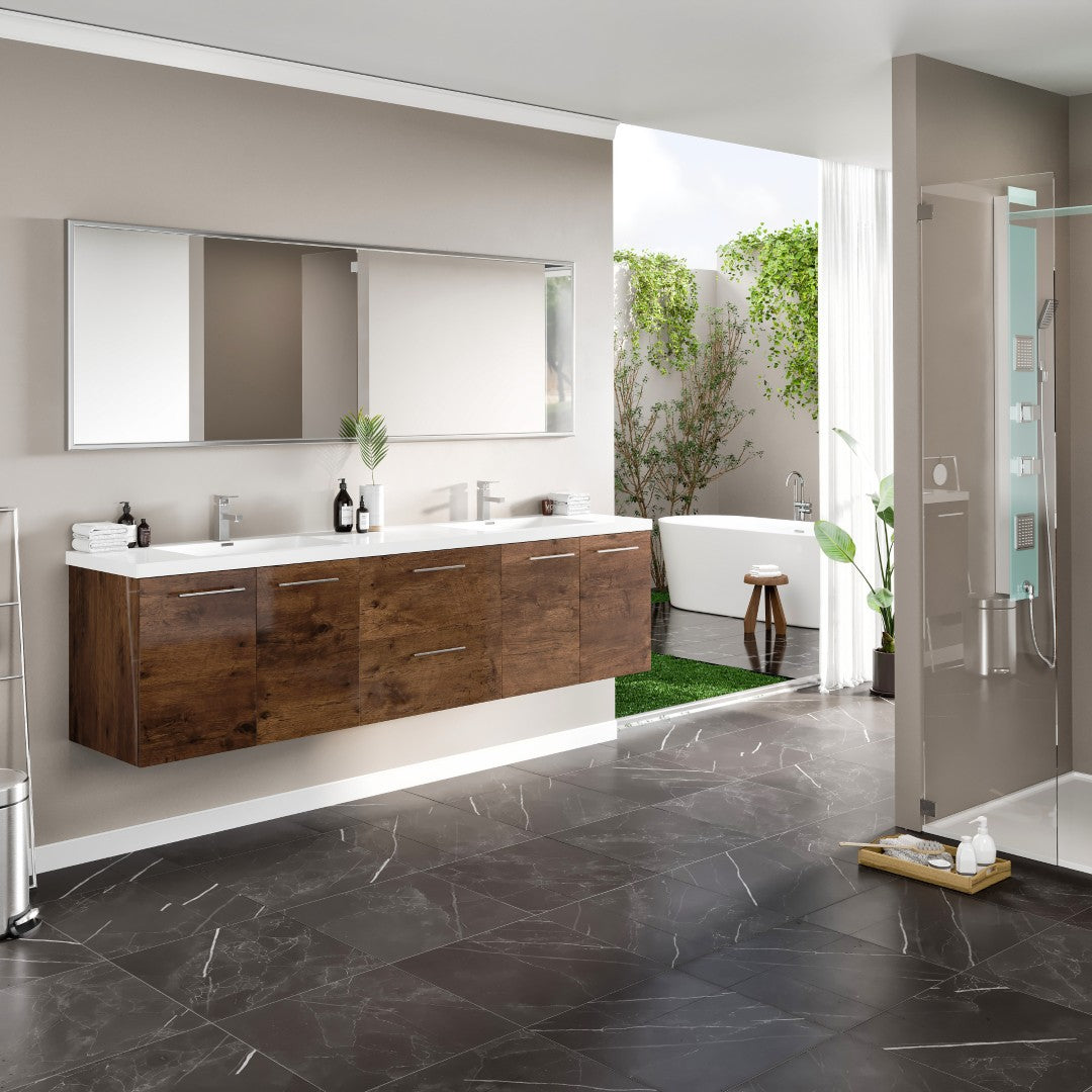 Lumina 84 in. Rosewood Wall Mount Double Sink  Bath Vanity with Acrylic Top and Integrated Sinks