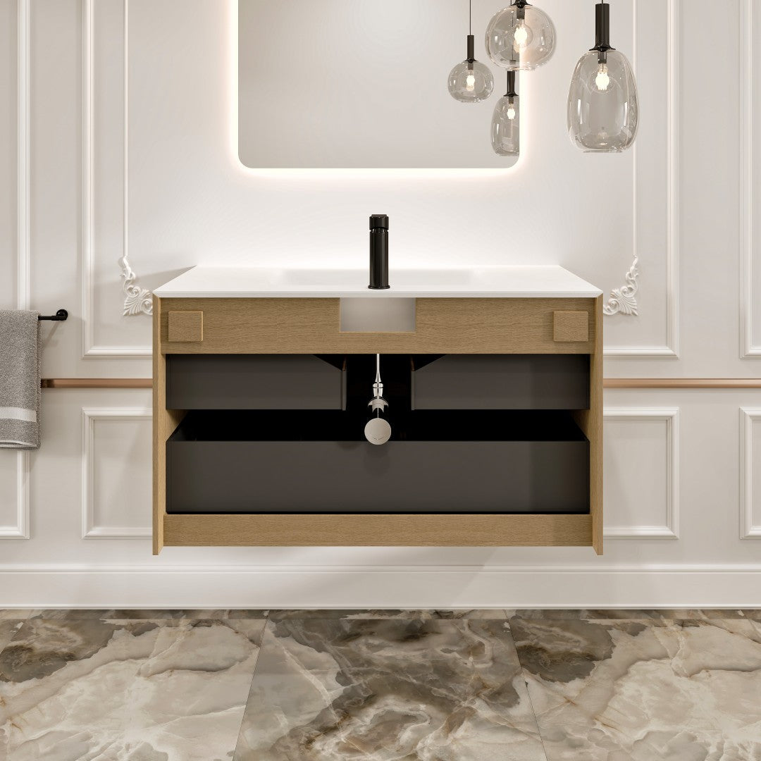 Lotus 30 in. Natural Oak Wall Mount Single Sink Bath Vanity with Solid Surface Top and Integrated Sink