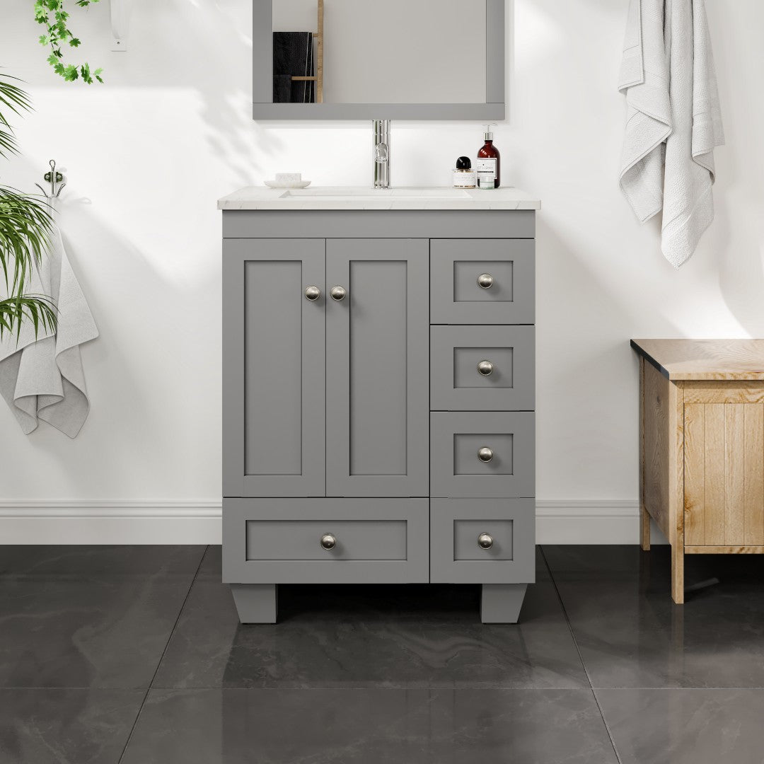 Happy 24 in. Gray Single Sink Bath Vanity with Carrara Quartz Top and Undermount Porcelain Sink