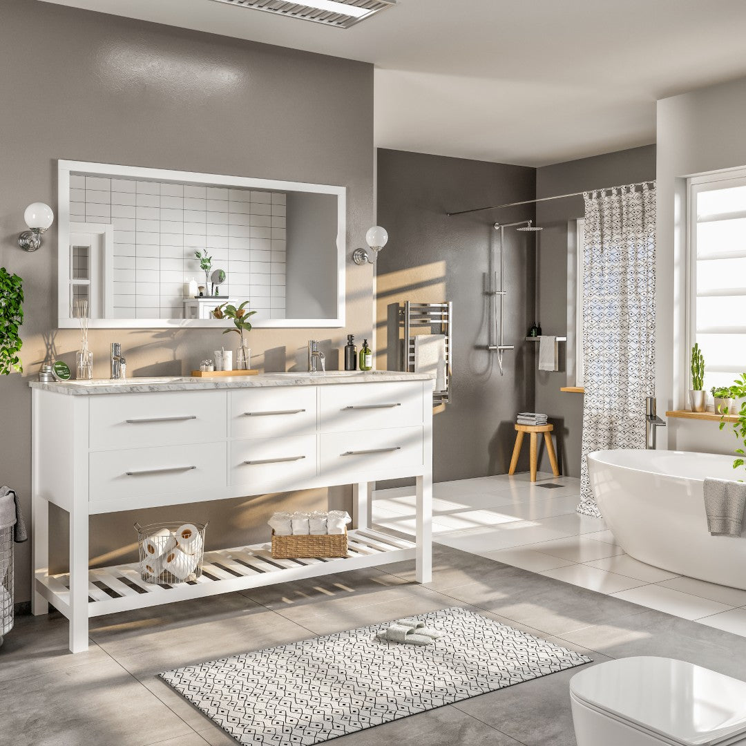 Natalie 60 in. White Double Sink  Bath Vanity with Carrara Marble Top and Undermount Porcelain Sinks