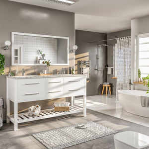 Natalie 60 in. White Double Sink  Bath Vanity with Carrara Marble Top and Undermount Porcelain Sinks
