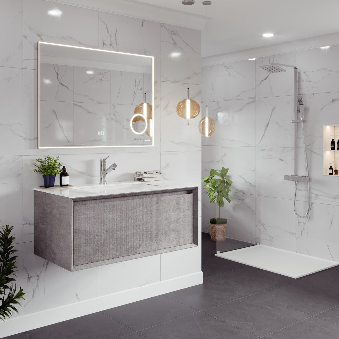 Aurora 36 in. Concrete Gray Wall Mount Single Sink Bath Vanity with Carrara Quartz Top and Undermount Porcelain Sink