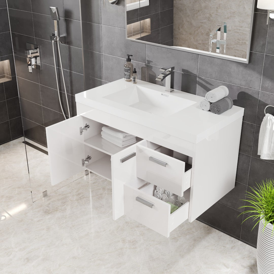 Lugano 36 in. White Wall Mount Single Sink Bath Vanity with Acrylic Top and Integrated Sink