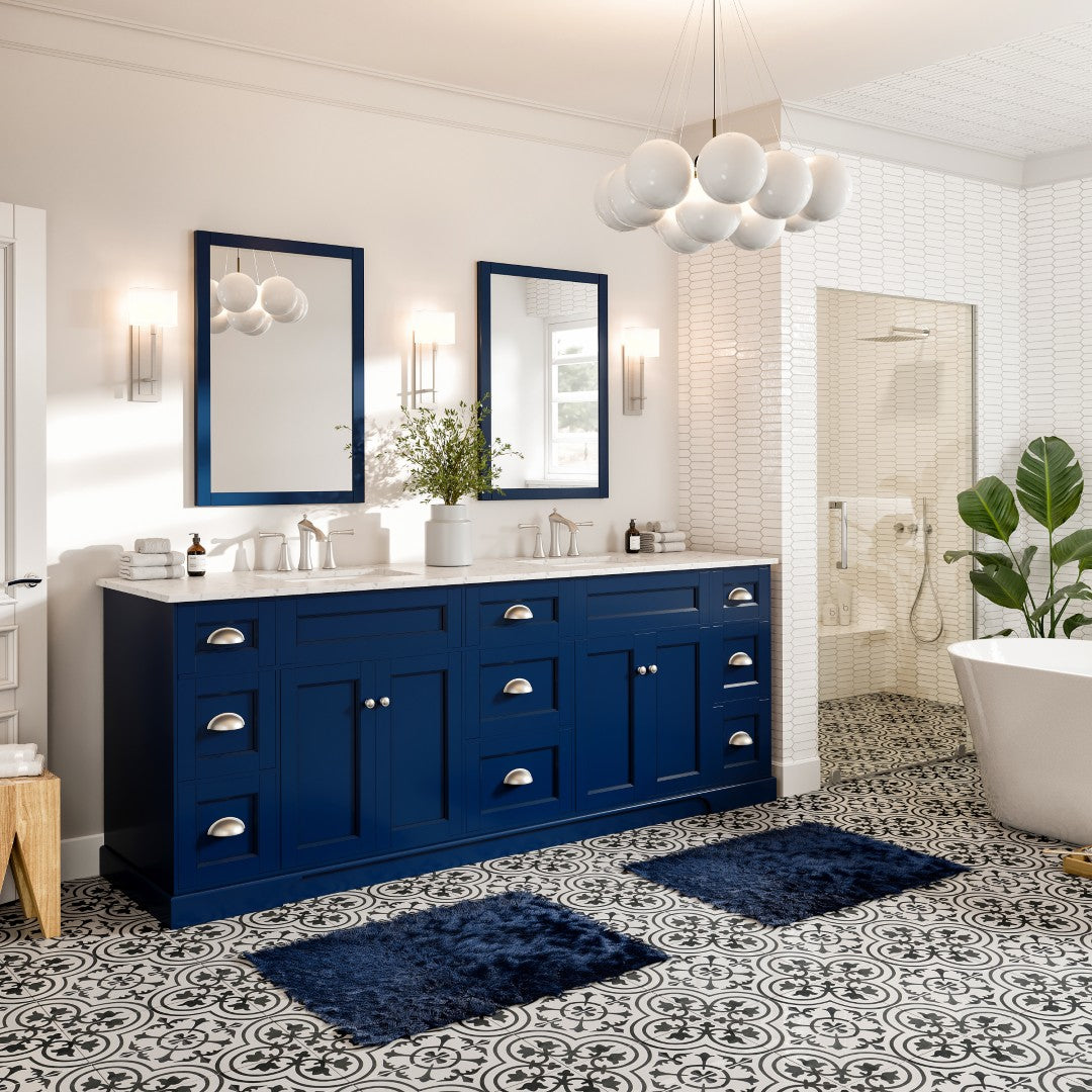 Epic 84 in. Blue Double Sink  Bath Vanity with Carrara Quartz Top and Undermount Porcelain Sinks