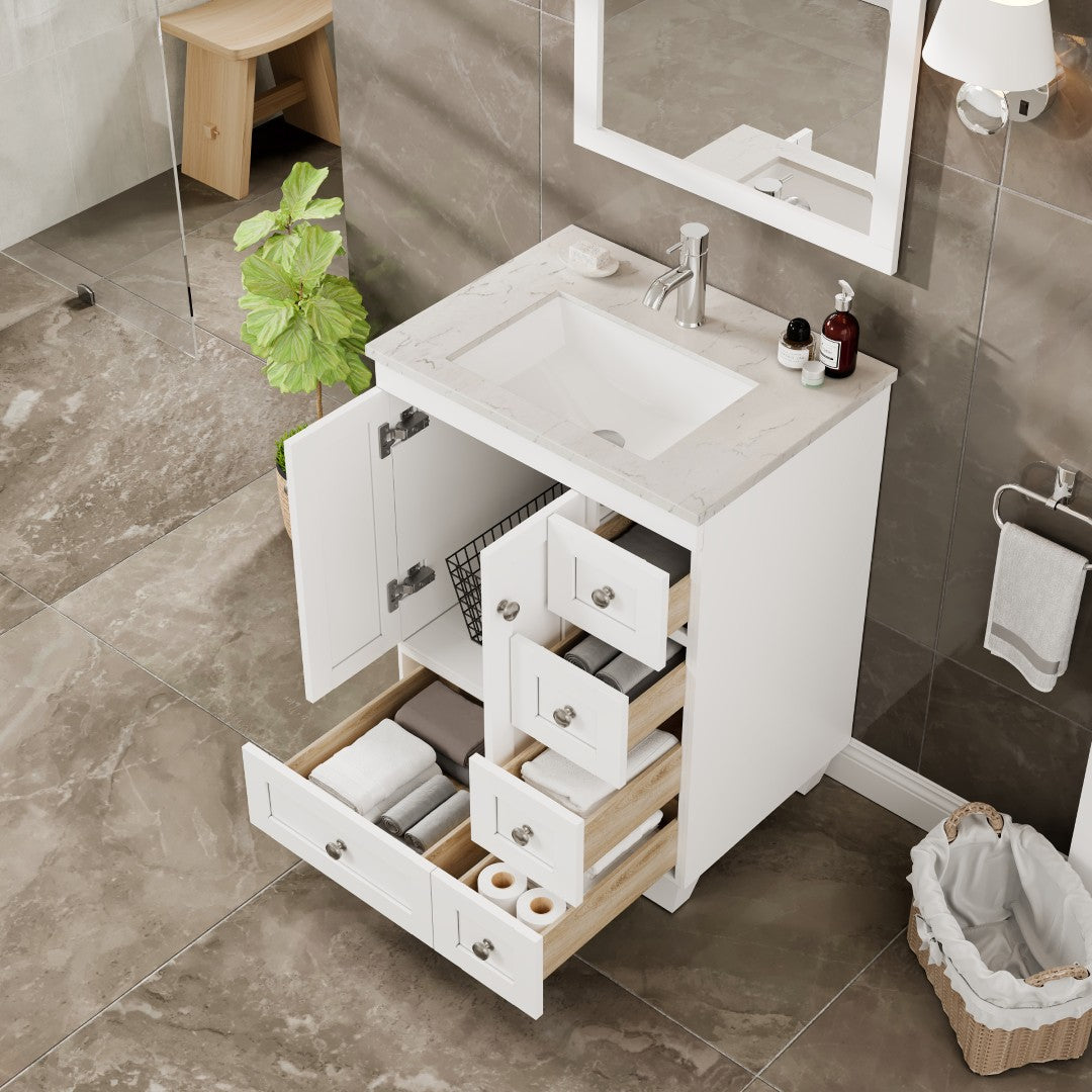 Happy 24 in. White Single Sink Bath Vanity with Carrara Quartz Top and Undermount Porcelain Sink