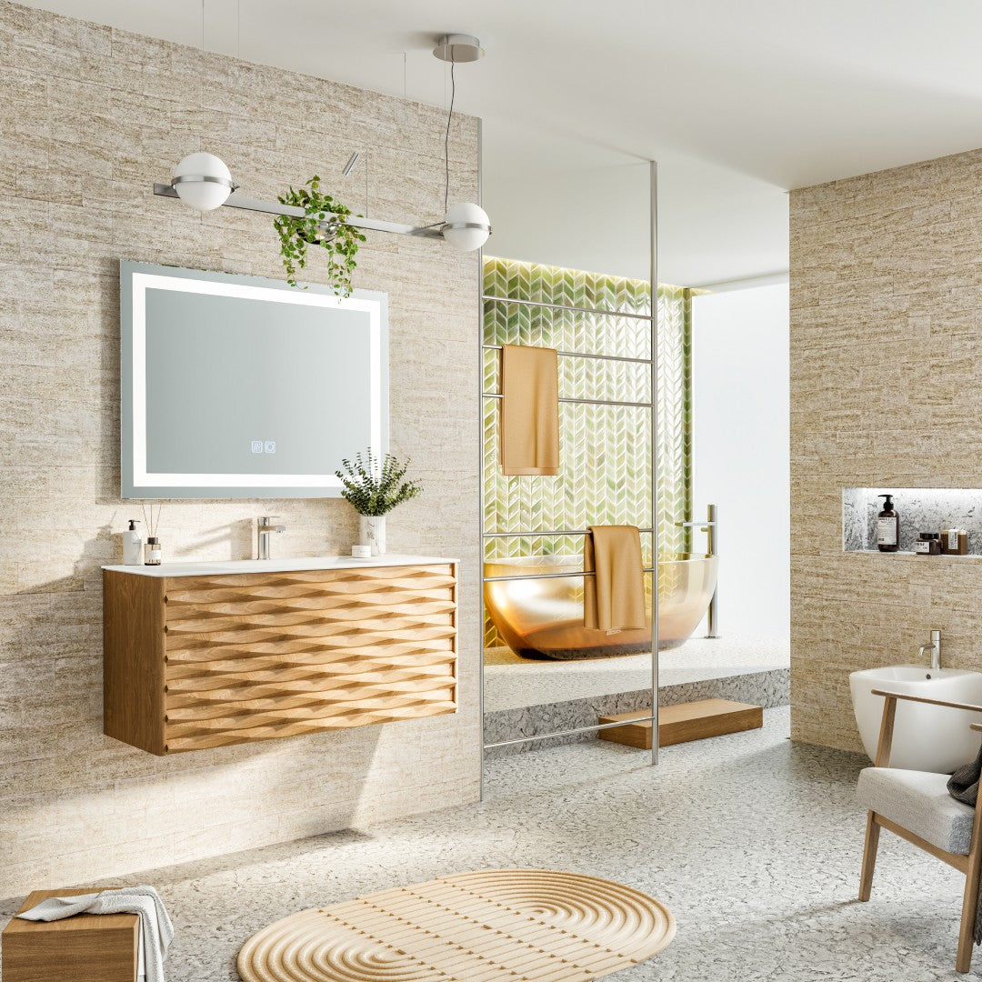 Oahu 32 in. Oak Wall Mount Single Sink Bath Vanity with Solid Surface Top and Integrated Sink