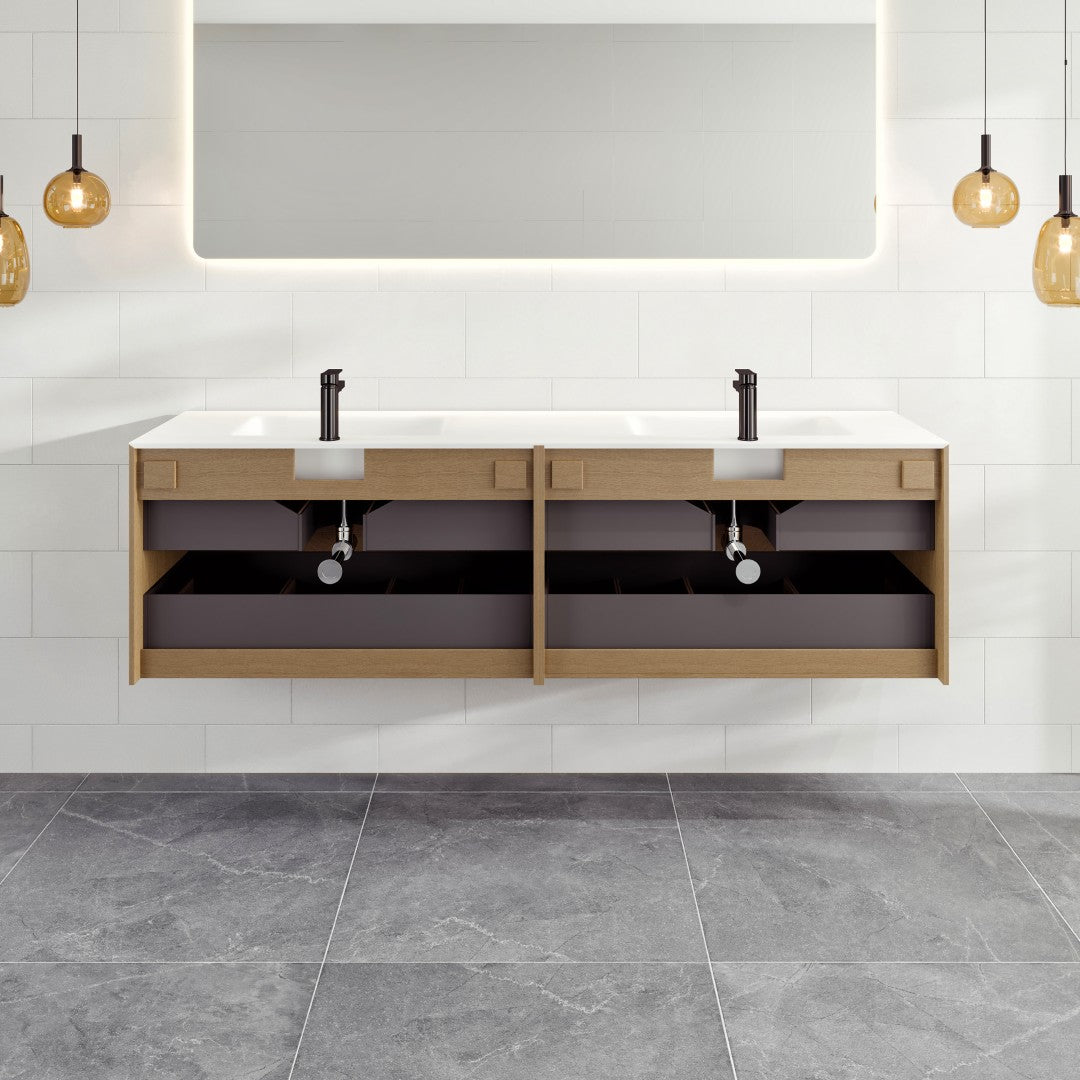 Lotus 59 in. Natural Oak Wall Mount Double Sink  Bath Vanity with Solid Surface Top and Integrated Sinks