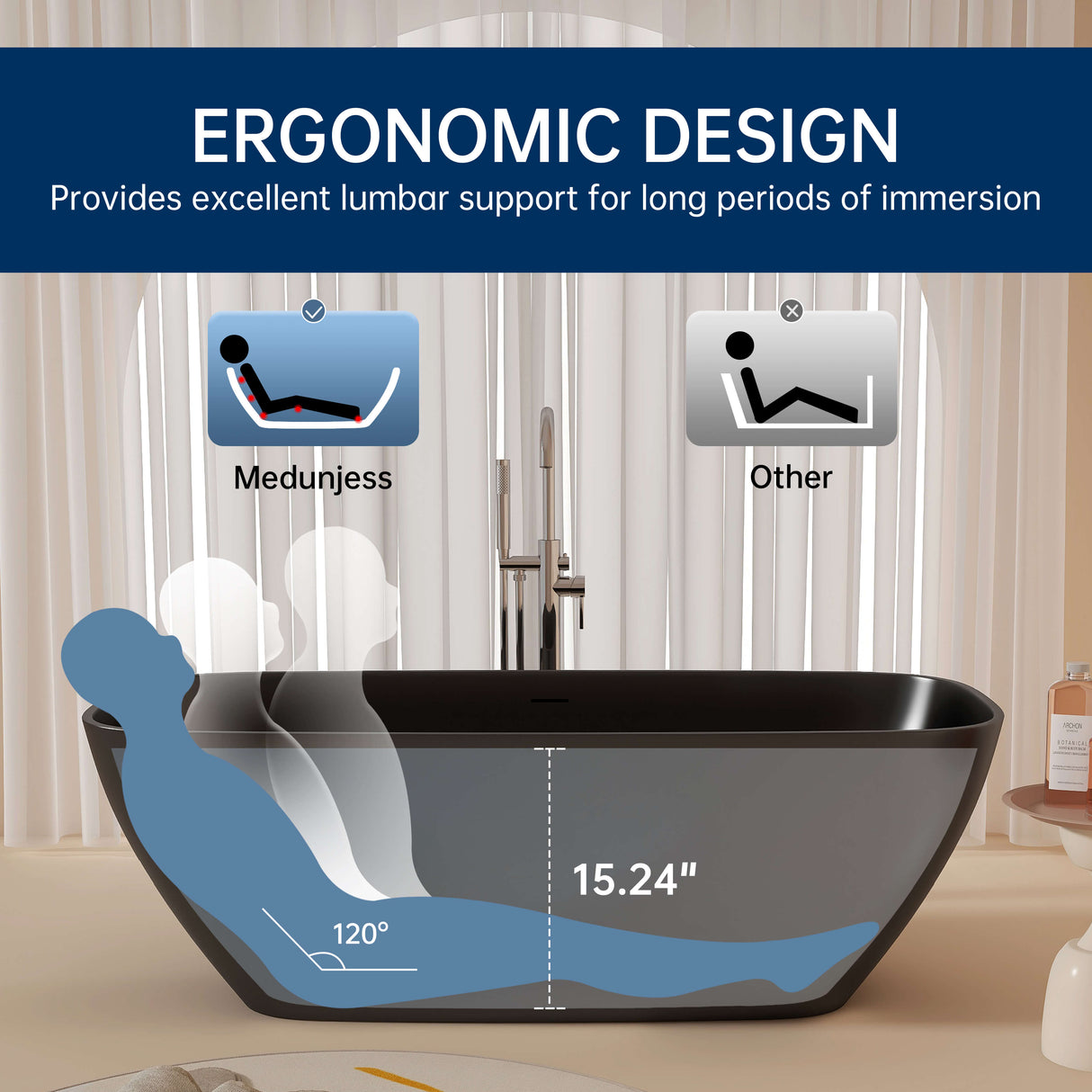 New England Home Goods Annapurna 67" Freestanding Tub in Black - Stone Resin Solid Surface