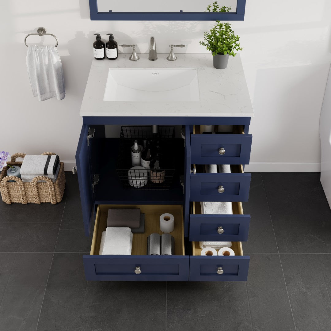 Acclaim 30 in. Blue Single Sink Bath Vanity with Carrara Quartz Top and Undermount Porcelain Sink