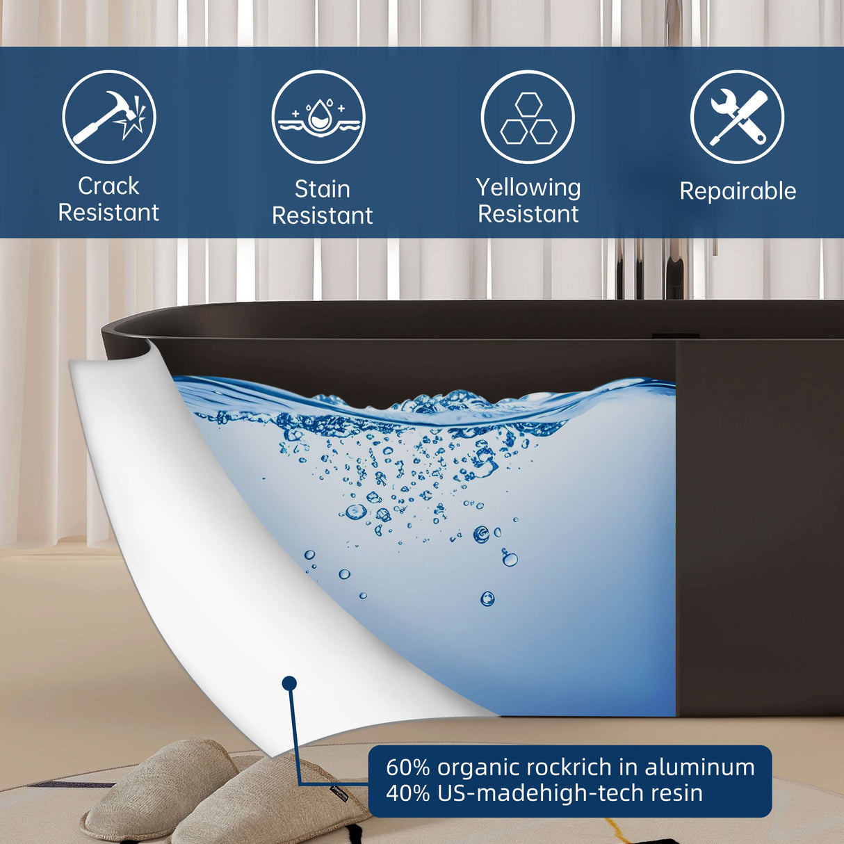 New England Home Goods Annapurna 67" Freestanding Tub in Black - Stone Resin Solid Surface