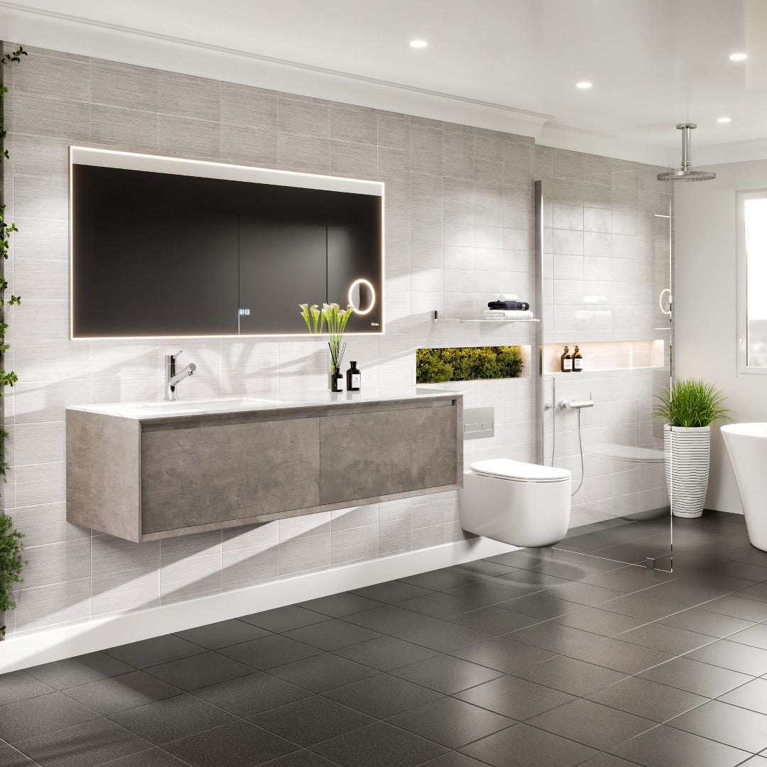 Aurora 60 in. Concrete Gray Wall Mount Single Sink Bath Vanity with Carrara Quartz Top and Undermount Porcelain Sink