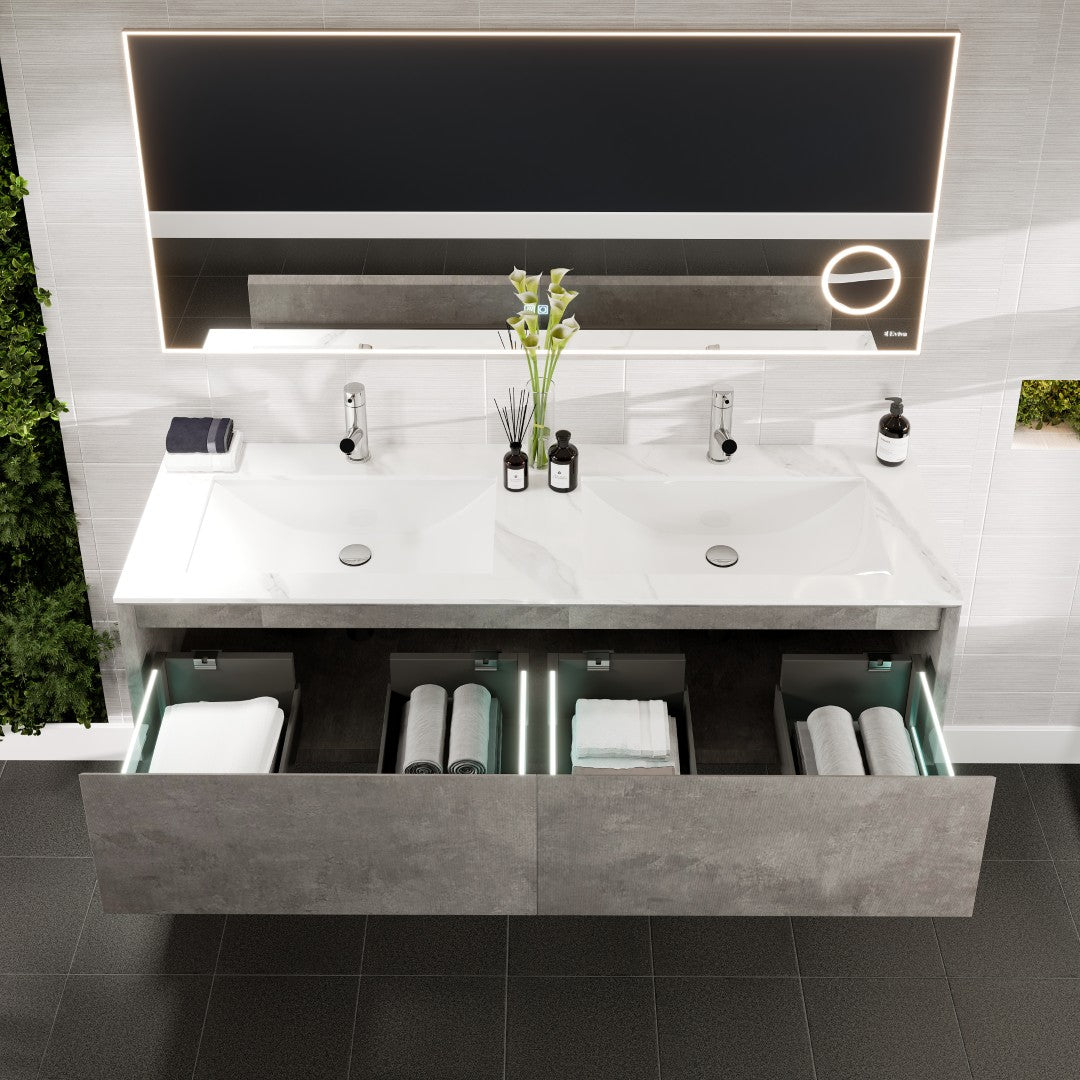 Aurora 60 in. Concrete Gray Wall Mount Double Sink  Bath Vanity with Carrara Quartz Top and Undermount Porcelain Sinks