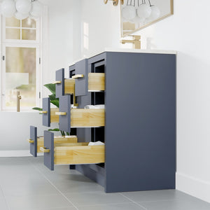 Curio 42 in. Dark Blue Single Sink Bath Vanity with Carrara Quartz Top and Undermount Porcelain Sink