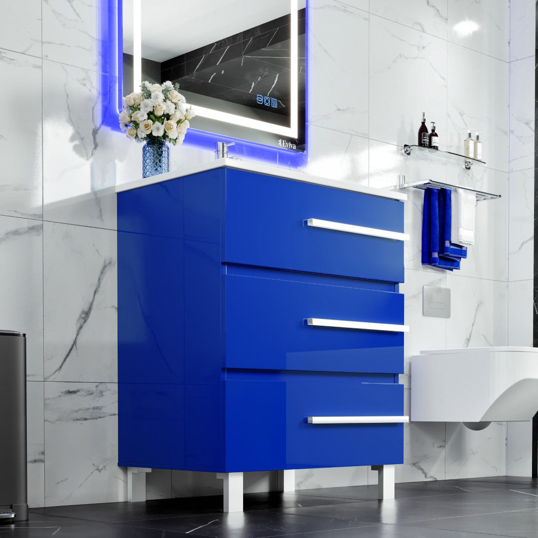 Deluxe 32 in. Blue Single Sink Bath Vanity with Porcelain Top and Integrated Sink