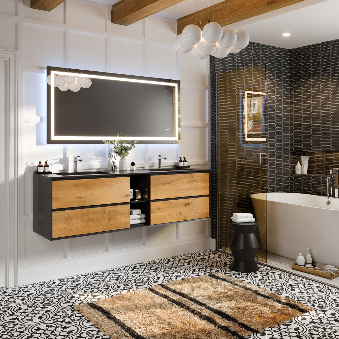 Vienna 75 in. Oak Wall Mount Double Sink  Bath Vanity with Acrylic Top and Integrated Sinks