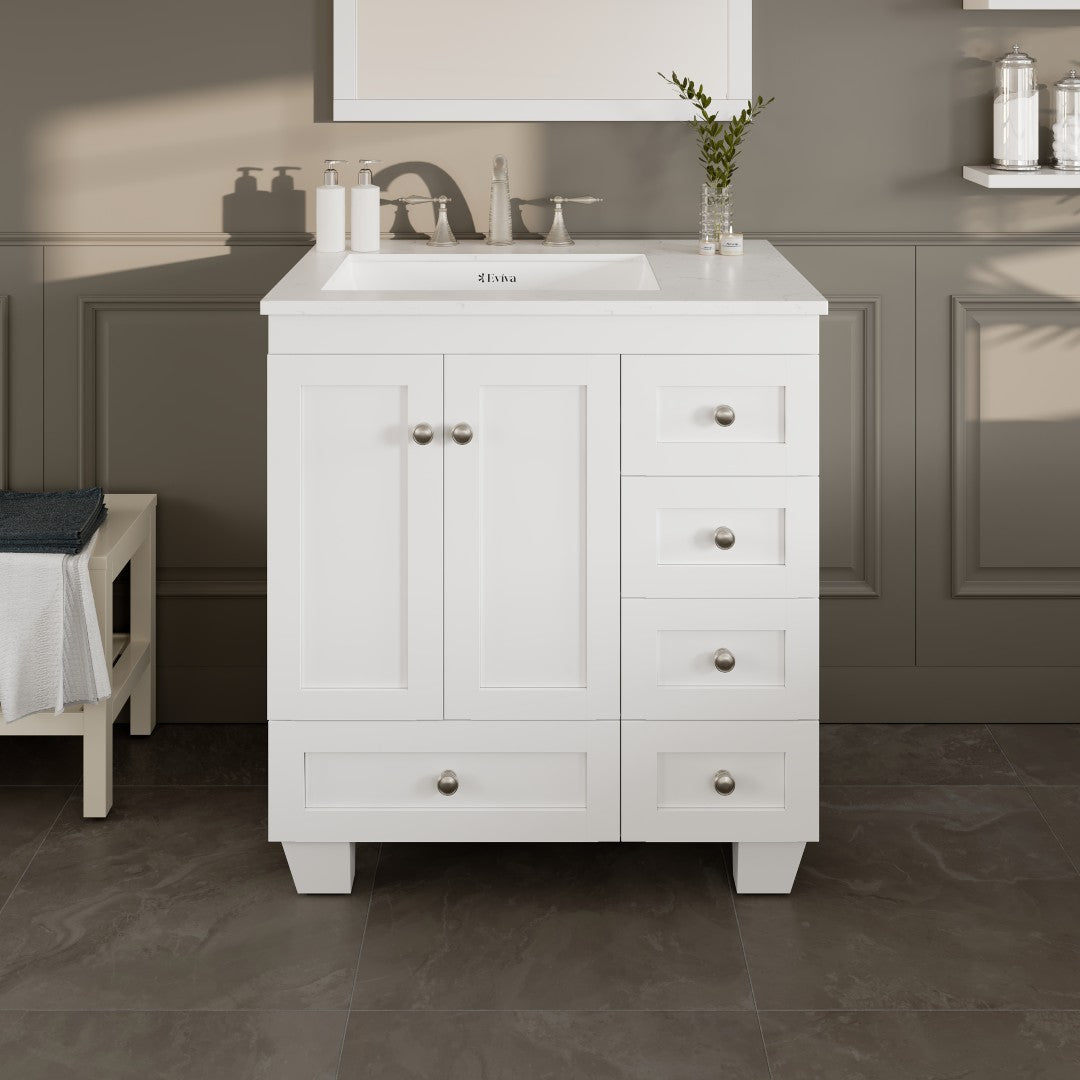 Acclaim 30 in. White Single Sink Bath Vanity with Carrara Quartz Top and Undermount Porcelain Sink