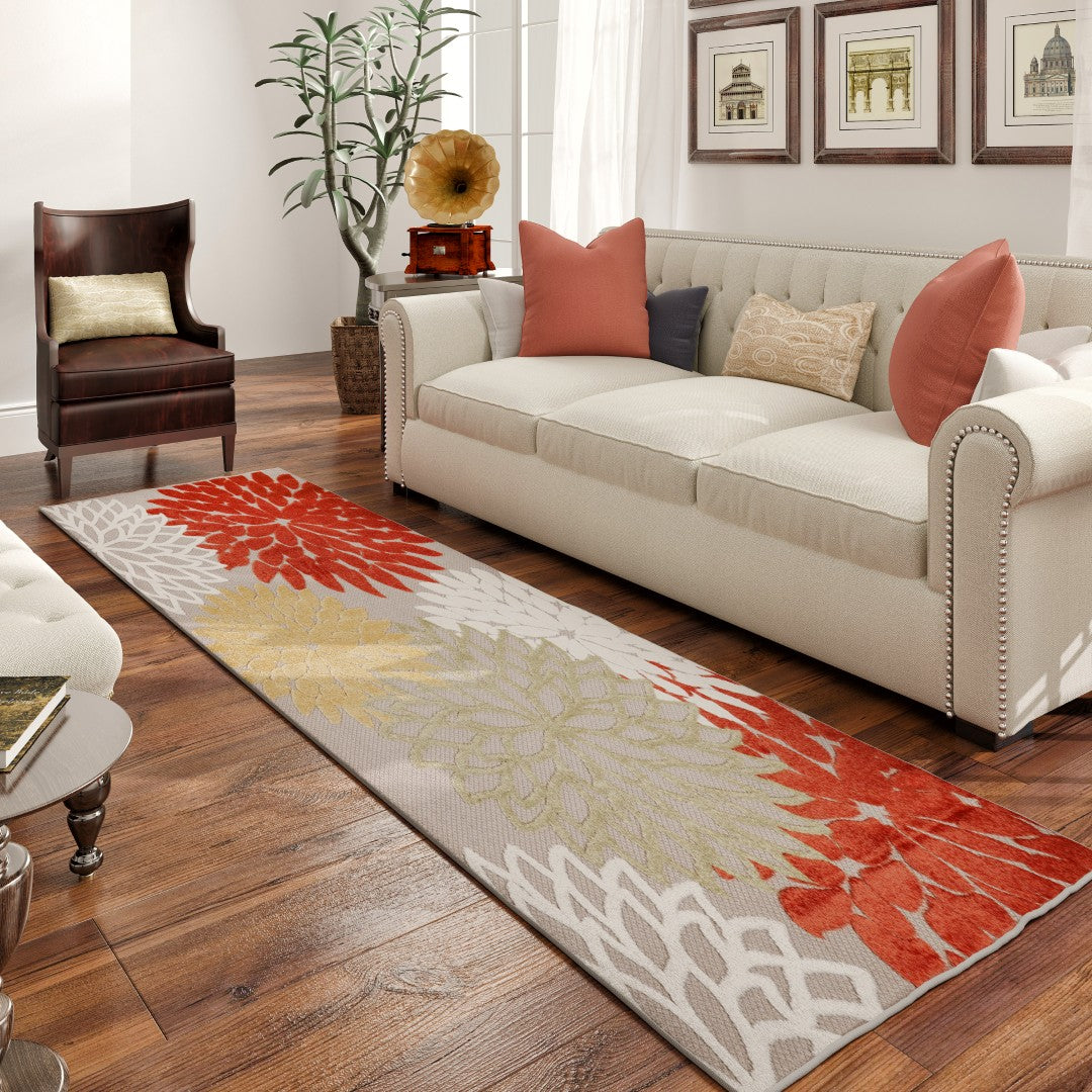 Eviva Nature 2' x 8' Floral Orange/Cream Rug