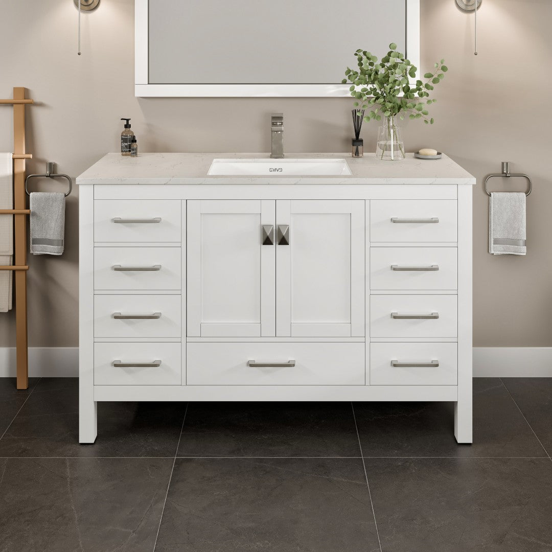 London 54 in. White Single Sink Bath Vanity with Carrara Quartz Top and Undermount Porcelain Sink