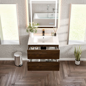 Joy 32 in. Rosewood Wall Mount Single Sink Bath Vanity with Porcelain Top and Integrated Sink