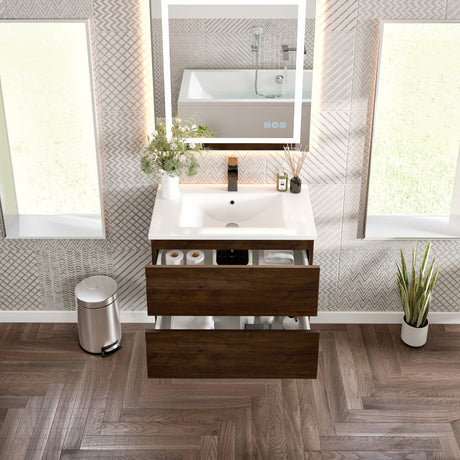 Joy 32 in. Rosewood Wall Mount Single Sink Bath Vanity with Porcelain Top and Integrated Sink