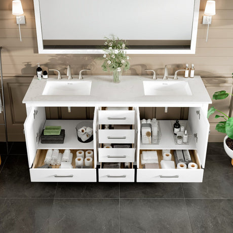 Aberdeen 78 in. White Double Sink  Bath Vanity with Carrara Quartz Top and Undermount Porcelain Sinks