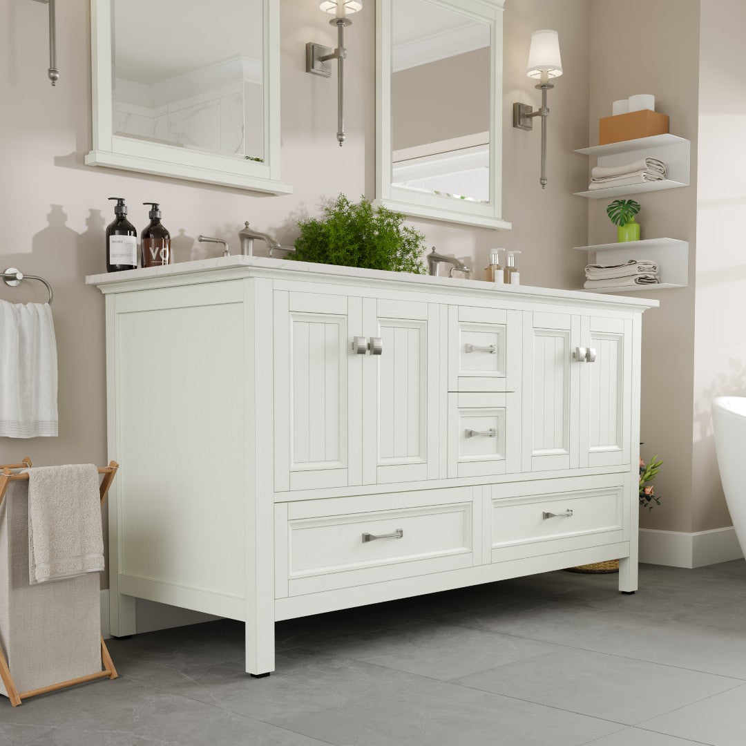 Britney 60 in. White Double Sink  Bath Vanity with Carrara Quartz Top and Undermount Porcelain Sinks