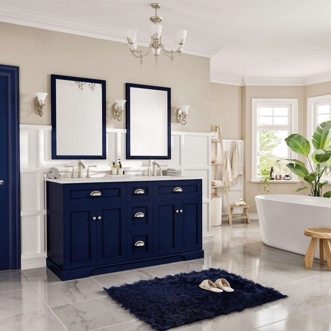 Epic 60 in. Blue Double Sink  Bath Vanity with Carrara Quartz Top and Undermount Porcelain Sinks