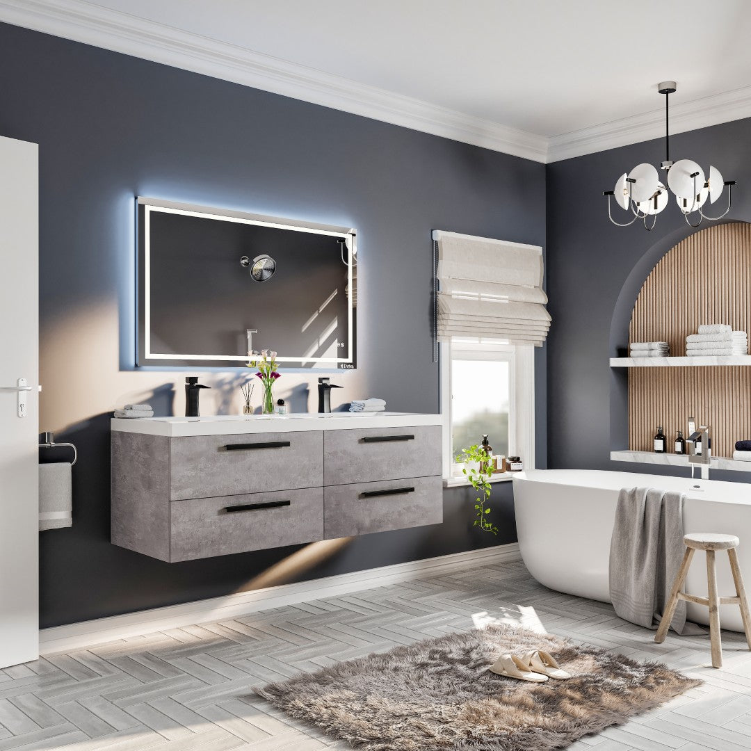 Surf 57 in. Concrete Gray Wall Mount Double Sink  Bath Vanity with Acrylic Top and Integrated Sinks
