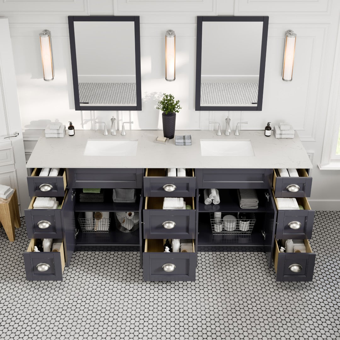 Epic 84 in. Charcoal Gray Double Sink  Bath Vanity with Carrara Quartz Top and Undermount Porcelain Sinks