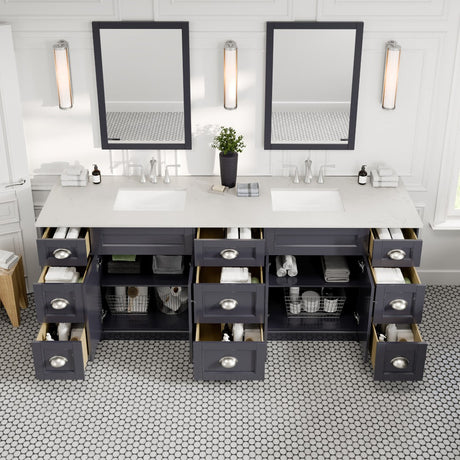 Epic 84 in. Charcoal Gray Double Sink  Bath Vanity with Carrara Quartz Top and Undermount Porcelain Sinks