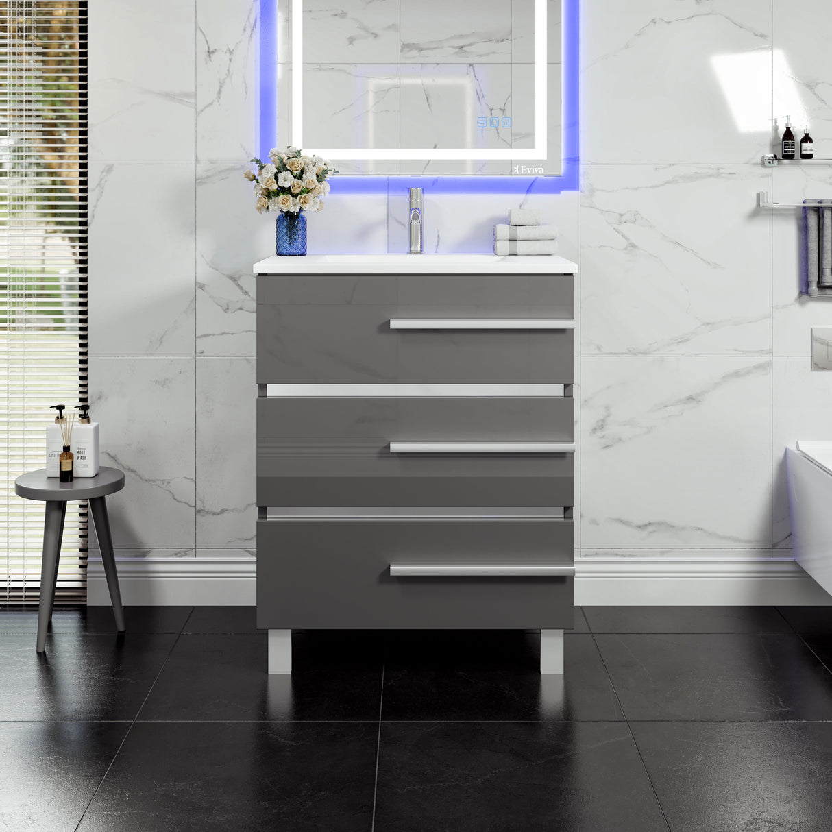 Deluxe 32 in. Gray Single Sink Bath Vanity with Porcelain Top and Integrated Sink