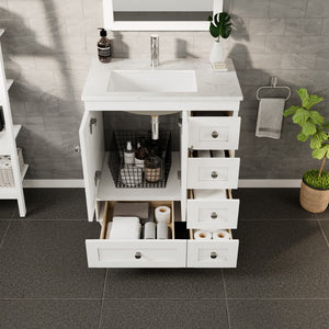 Happy 28 in. White Single Sink Bath Vanity with Carrara Quartz Top and Undermount Porcelain Sink