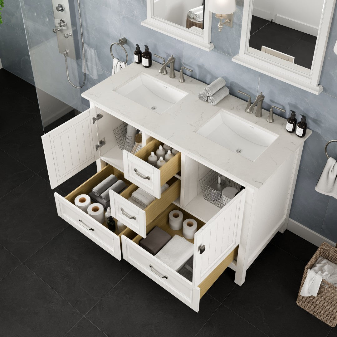 Britney 48 in. White Double Sink  Bath Vanity with Carrara Quartz Top and Undermount Porcelain Sinks