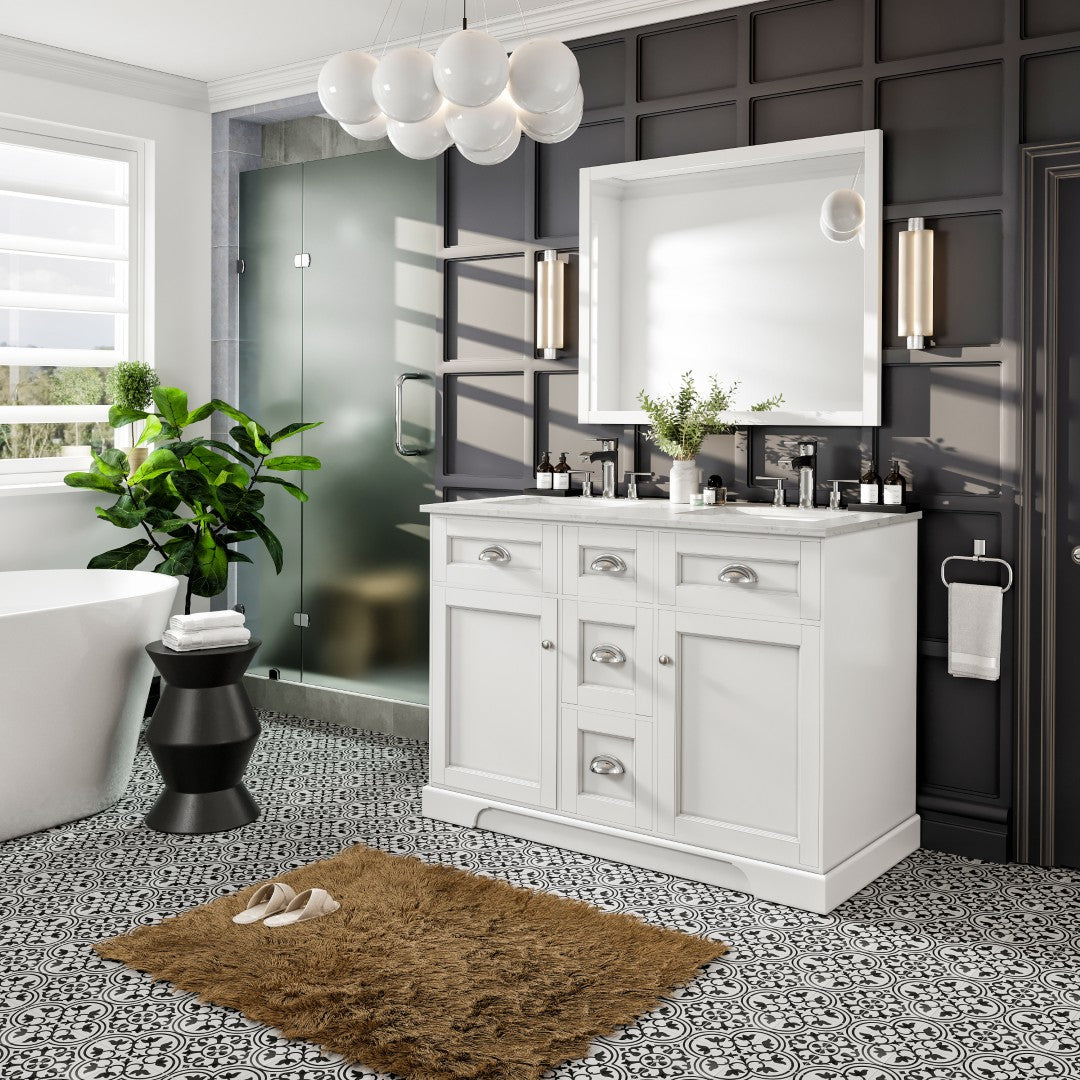 Epic 48 in. White Double Sink  Bath Vanity with Carrara Quartz Top and Undermount Porcelain Sinks