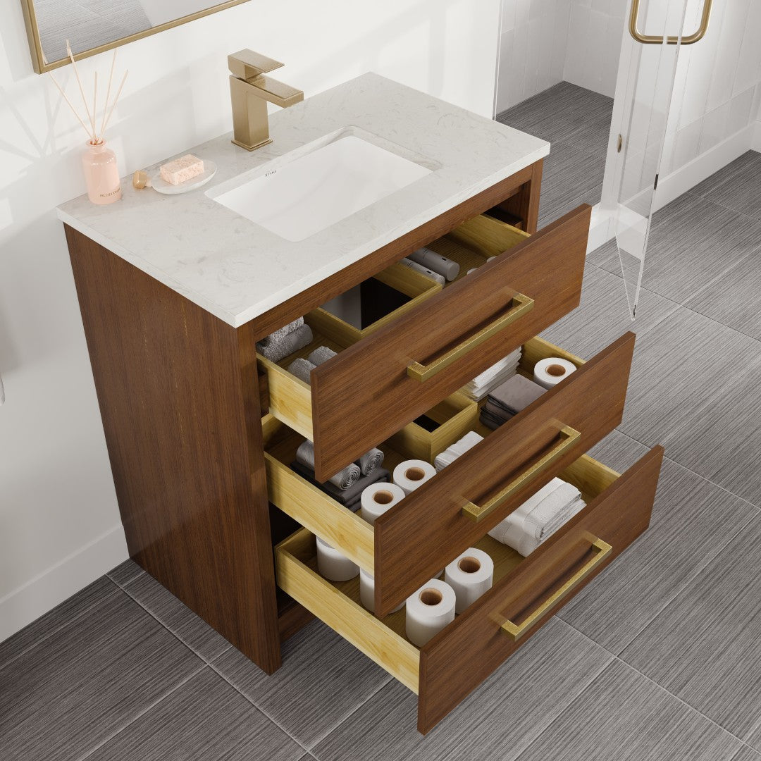 Curio 30 in. Walnut Single Sink Bath Vanity with Carrara Quartz Top and Undermount Porcelain Sink