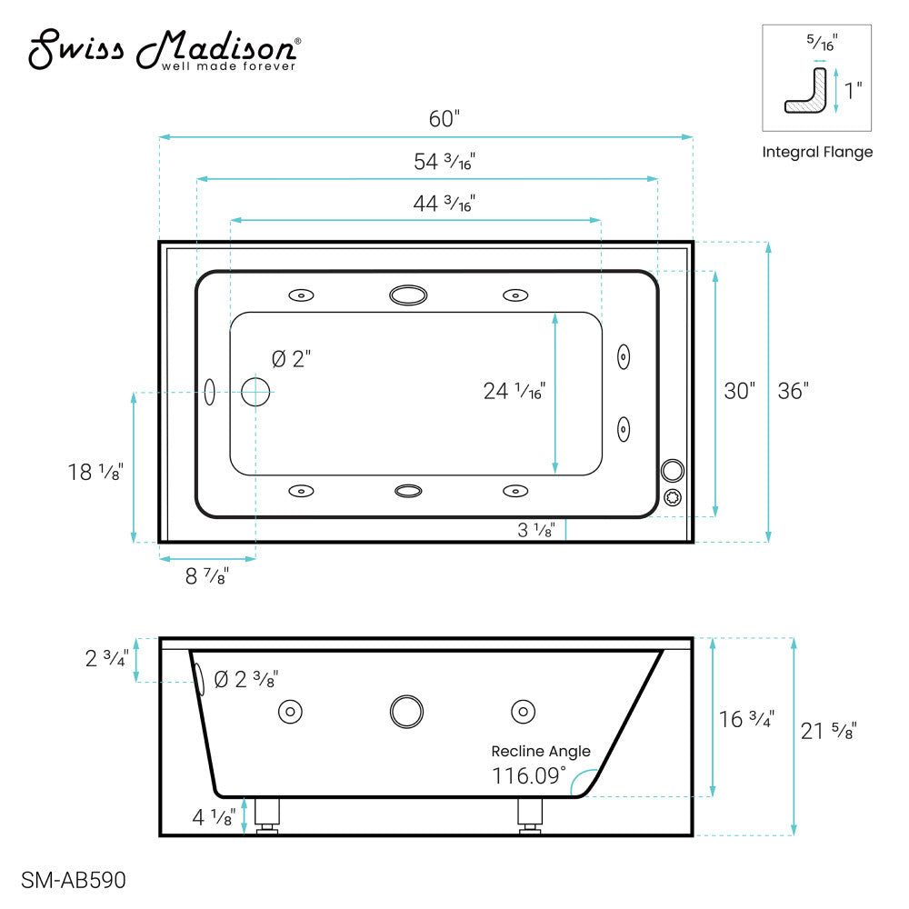 Avancer 60" x 36" Left-Hand Drain Rectangular Alcove Whirlpool Bathtub with Apron