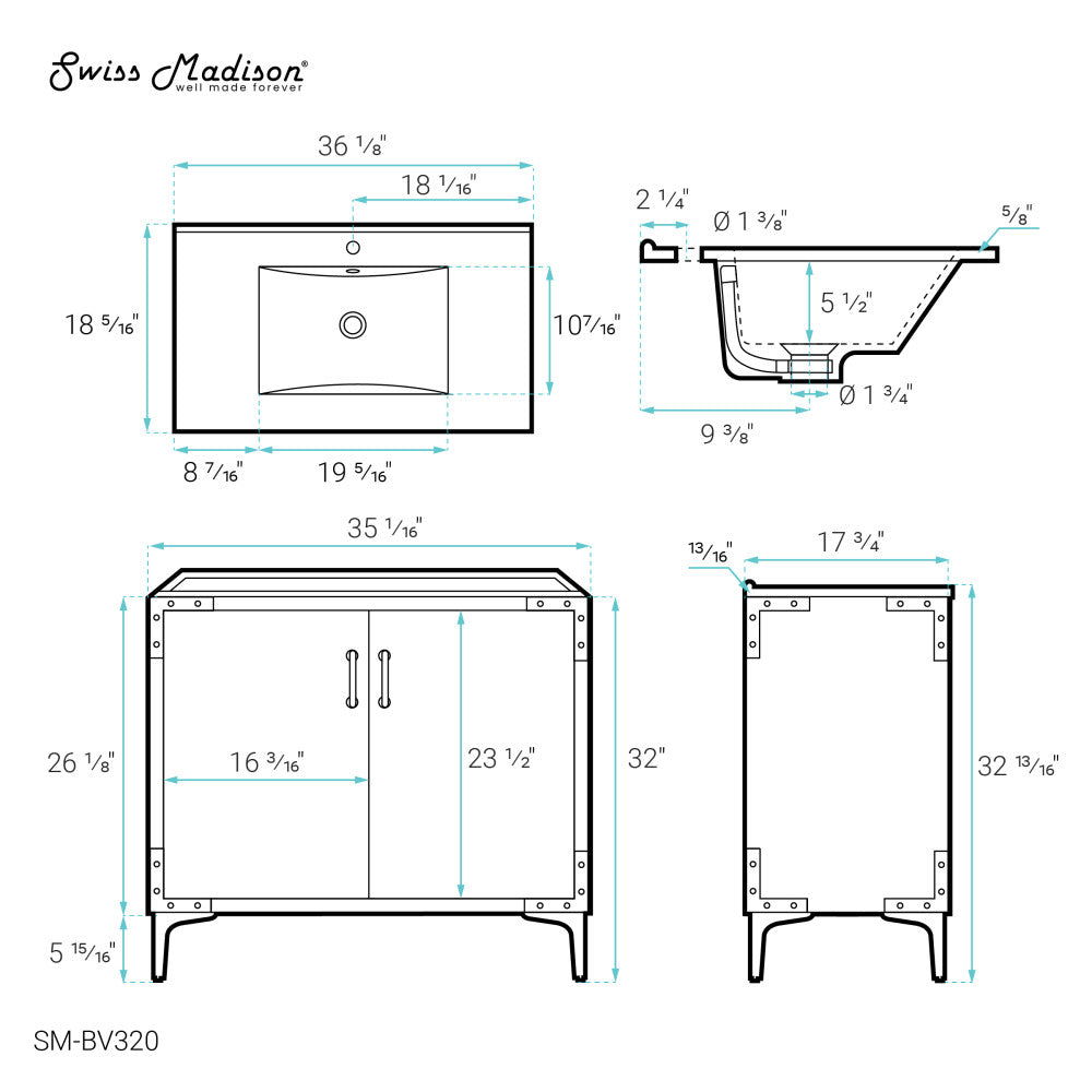 Voltaire 36" Single, Bathroom Vanity in White with Gold Hardware